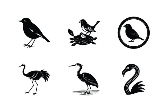 Bird silhouettes collection nest crane flamingo robin