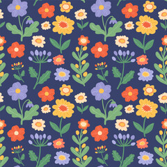Colorful cute floral seamless pattern. Summer wildflowers and leaves hand drawn pattern. Botanical doodle flowers pattern with modern colors for kids, fabric, textile, cards, decor, print