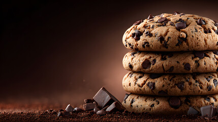 National Chocolate Chip Day, banner design with dark to light brown gradient, stack of chocolate chip cookies with a few chocolate flakes on top in the left corner