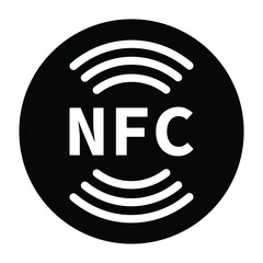 Minimalist black and white circular NFC icon with radio wave symbol. Clean, geometric design on white background. Flat, modern, and technical style ideal for tech and UI concepts.