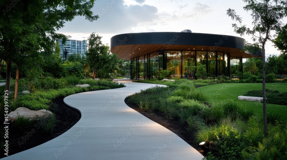 Poster a stunning image featuring a modern building enveloped by lush greenery, illustrating harmony betwee