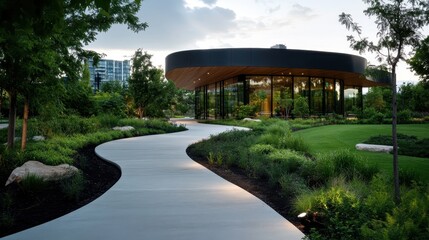 A stunning image featuring a modern building enveloped by lush greenery, illustrating harmony between architecture and nature, ideal for promoting eco-friendly design practices.