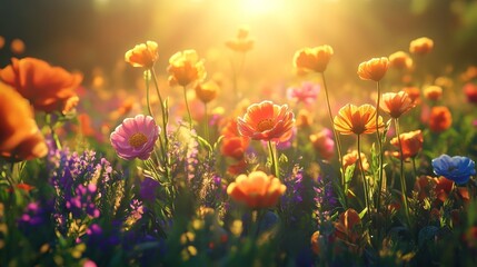 Obraz premium Sun-Kissed Field of Colorful Tulips in Bloom Under Bright Blue Sky With Warm Light