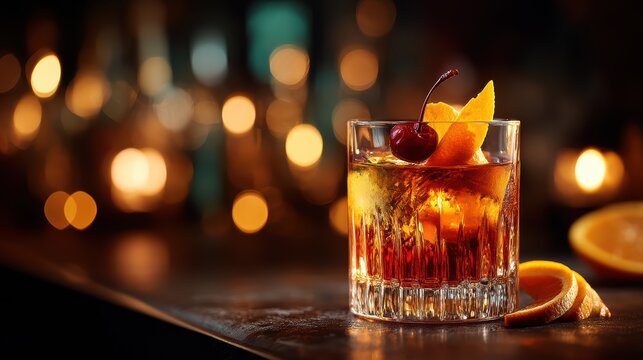 Old Fashioned with orange twist and cocktail cherry on a softly blurred cozy speakeasy bar background