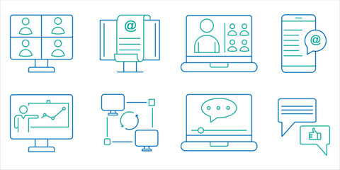 Online Presentation and Communication Line Icons – E-Learning and Virtual Meeting Concept