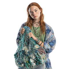 Young woman holding a net bag filled with trash wearing casual clothing against a black background on transparent background