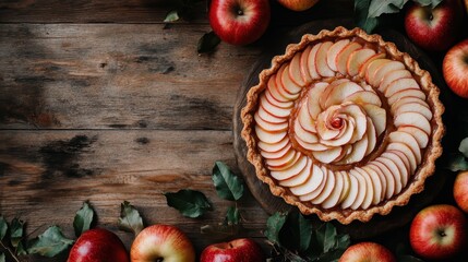 A beautifully arranged apple tart featuring thinly sliced apples in a rose pattern, accompanied by fresh red apples and green leaves on a rustic wooden background.