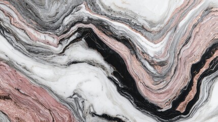 Obraz premium Organic marble swirl in white, black, and rose quartz veins with polished finish