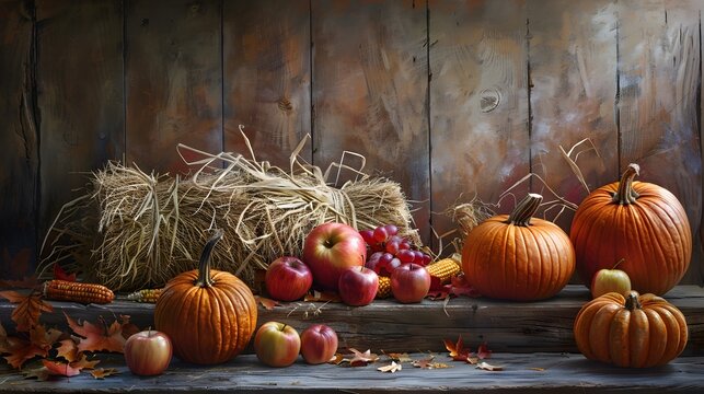 Autumnal Still Life with Pumpkins, Apples, Grapes, and Hay Bale on Rustic Wood