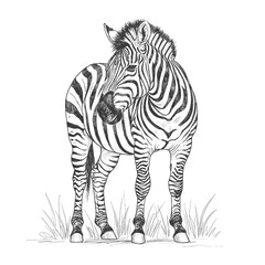 Grevy’s Zebra – Equus grevyi.. Plains zebra standing in short grass, striped black and white, suitable for wildlife, nature, safari, animal themes in design.