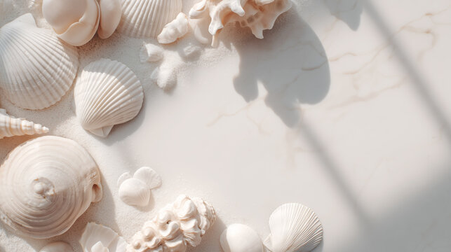 Elegant Flat Lay of White Seashells on Marble Sand Background with Shadows
