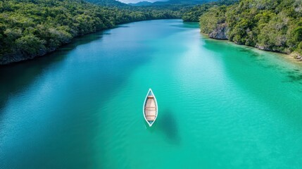 A tranquil landscape featuring a mesmerizing body of turquoise water with a single wooden rowboat drifting, inviting serenity and introspection in nature.