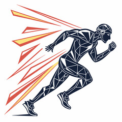 A futuristic athlete made of geometric shards, sprinting at super speed with motion blur and energy trails behind.