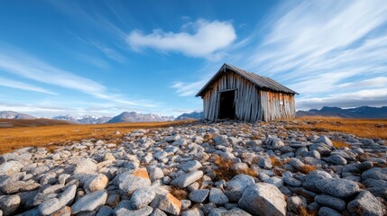 A rustic wooden hut sits alone on a rocky landscape as the sky turns to dusk, capturing the essence of solitude and the beauty of natural scenery in a vast environment.