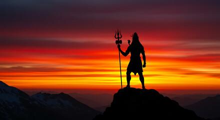 Silhouette of Hindu deity Shiva at sunset over mountain peaks, holding trident. © Satrio