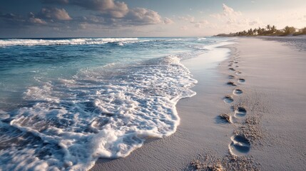 Footprints in the sand on a sunny beach in Riviera Maya Mexico with turquoise water and blue sky filled with fluffy clouds