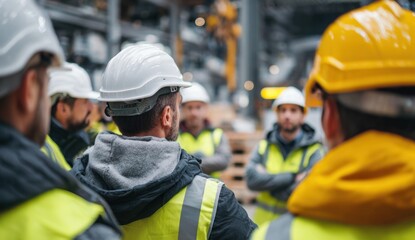 Team of industrial workers in safety gear conducting a site meeting in a factory.