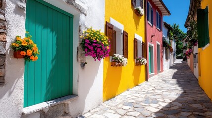 Fototapeta premium A picturesque alleyway decorated with vibrant buildings and overflowing flower boxes, showcasing the beauty and charm of the colorful architecture and landscaping.