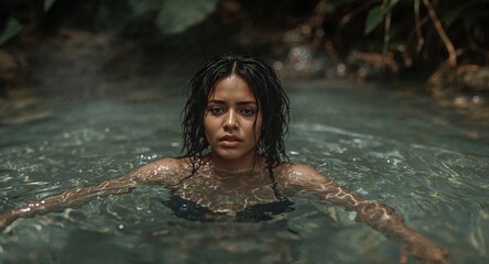 Fototapeta premium Sensual woman with locs soaking in steamy jungle hot spring