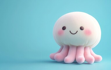 Soft plush jellyfish with blushing cheeks on a pastel blue background