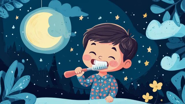 Happy child brushing teeth at night under moonlit sky