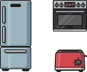 Obraz premium Illustration of a blue refrigerator black oven and red toaster on a white background space provided