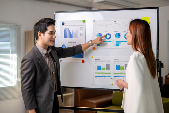 A man and a woman are standing in front of a white board with graphs on it