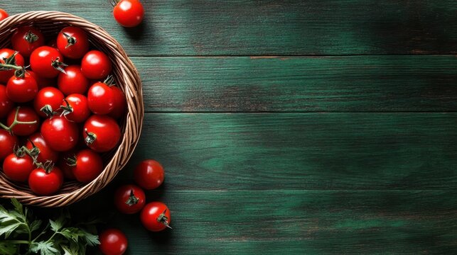 A charming arrangement of fresh red tomatoes in a rustic basket, symbolizing freshness and health, perfect for culinary creations or as a decorative kitchen piece.