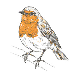 American Robin-Turdus migratorius. A hand-sketched robin bird with detailed feathers. The illustration highlights the bird's texture and perching pose on a white background, representing nature and 