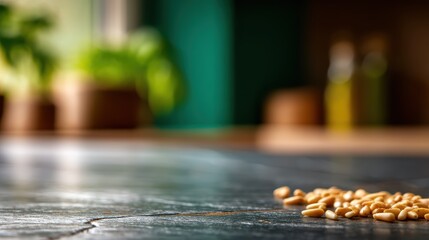 Pine nuts sprinkled on stone slab on a softly blurred Italian pesto kitchen backdrop under perfect lighting