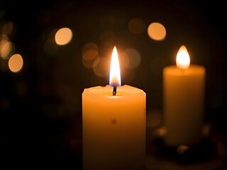Two burning candles casting a warm glow illuminate a dark background filled with bokeh, creating an inviting and serene atmosphere perfect for reflection and tranquility