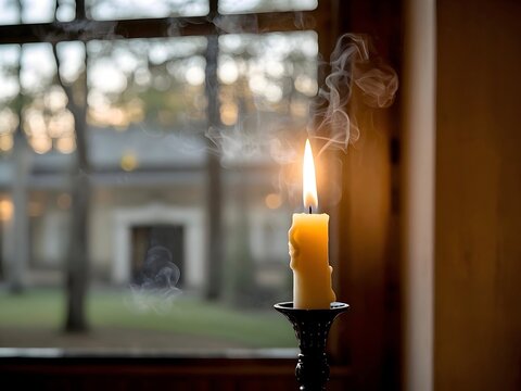 Smoke rising from an extinguished candle placed on a vintage, brass candlestick by a window, creating a nostalgic and melancholic atmosphere
