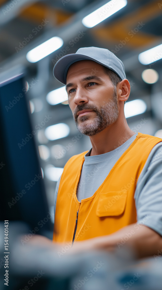 Poster manufacturing worker analyzing assembly line data in a factory