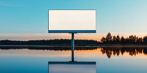 billboard placed beside calm lake, mirror water reflection, no wind disturbance, minimal natural tones, tree silhouettes in background, high clarity on structure and sky