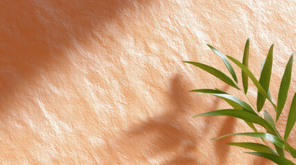 Abstract tropical plant leaf with natural light casting soft shadow on textured peach plaster wall. serene, warm background for spa, wellness, or cosmetic concept
