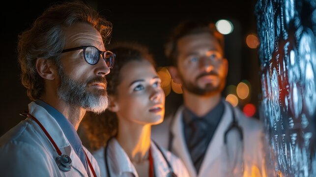 Group of multiethnic doctors analyzing brain scan results displayed on a large screen in a dark hospital room