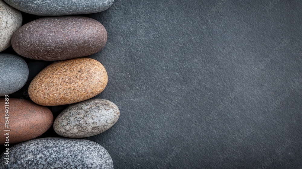Poster an artistic arrangement of smooth pebbles on a dark surface, capturing their varied hues and texture