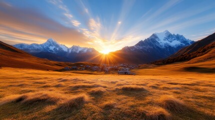 A breathtaking sunrise casts golden rays over a rustic village nestled in the valleys, surrounded by towering snow-capped peaks and rolling hills in a serene landscape.