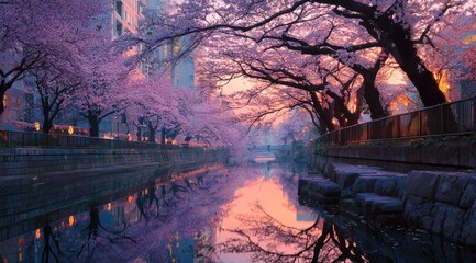 Scenic view of Japanese sakura flowers, traditional spring season in nature.
