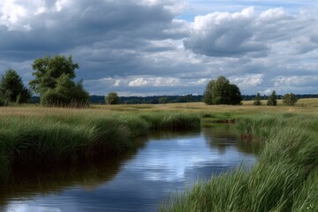 Fototapeta premium A placid body of water meanders through a grassy field under a cloudy sky
