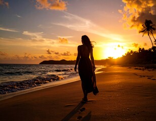 Kobieta w lnianej sukni, tyłem do aparatu, spaceruje po brzegu morza o zachodzie słońca, bose stopy w piasku