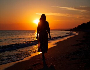 Kobieta w lnianej sukni, tyłem do aparatu, spaceruje po brzegu morza o zachodzie słońca, bose stopy w piasku