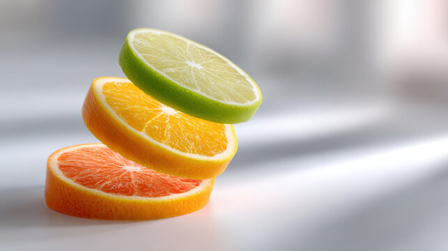 Fresh stack of colorful citrus slice with lime, orange and grapefruit. Healthy fruit provides vitamin for good diet. balanced arrangement with bright soft lighting
