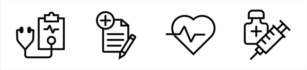 Healthcare and Medical Line Icons – Stethoscope, Heartbeat, Prescription, Vaccine