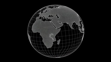 Rotating wireframe globe depicting earth's continents in motion against black background - Powered by Adobe