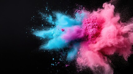 A stunning burst of blue and pink colored powders exploding against a dark backdrop, capturing the essence of celebration and vibrant emotions in artistically fascinating visuals.