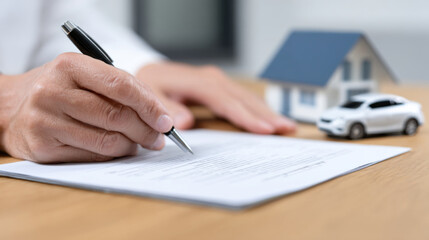 Close up of person hand signing an important insurance contract or loan document with pen. model house and car represent secured assets, conveying sense of security