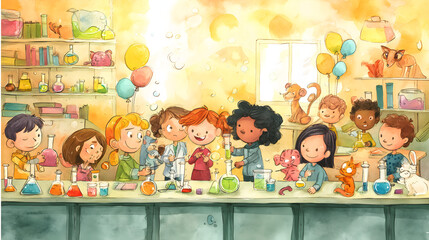 Fun school life cartoon watercolor style a group
