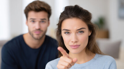 Angry woman pointing finger, blaming man in background. This couple has relationship problem, showing conflict and domestic disagreement in close up view