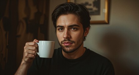 Cute white man holding mug in warm toned coffee corner with vintage lighting